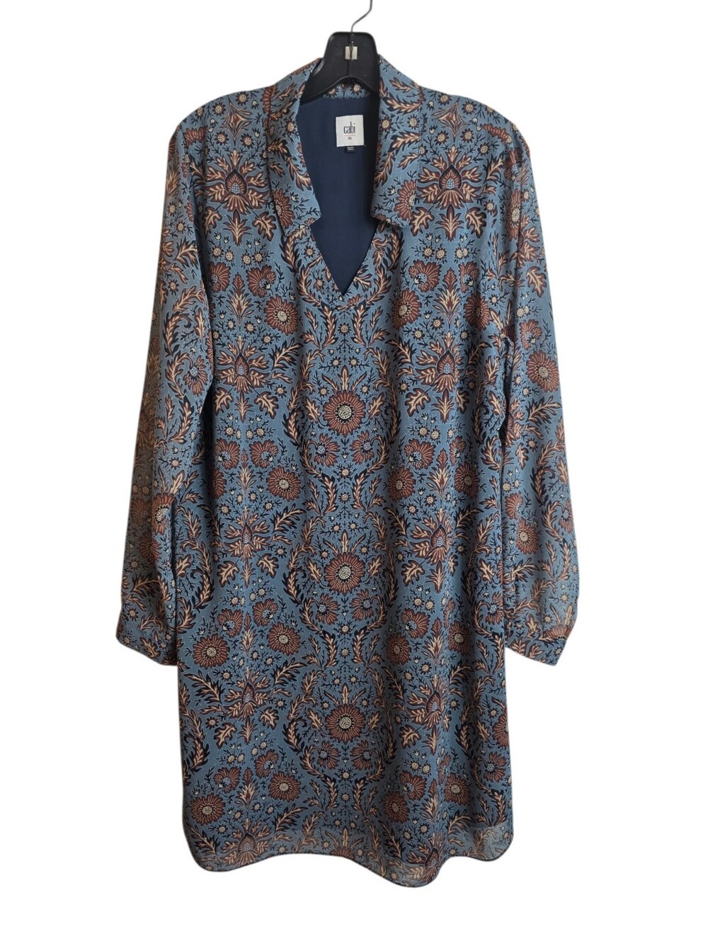Cabi Blue Floral Lined Tunic Dress XL Long Sleeve Boho - Picture 2 of 12